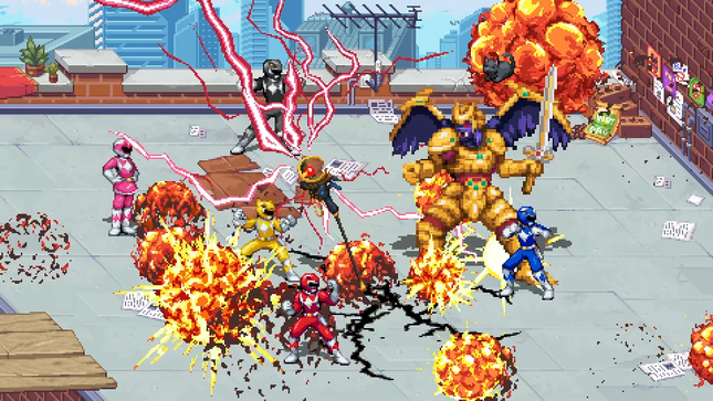 На скриншоте показано, как Могучие Рейнджеры сражаются с Голдаром в «Перемотке Риты». 